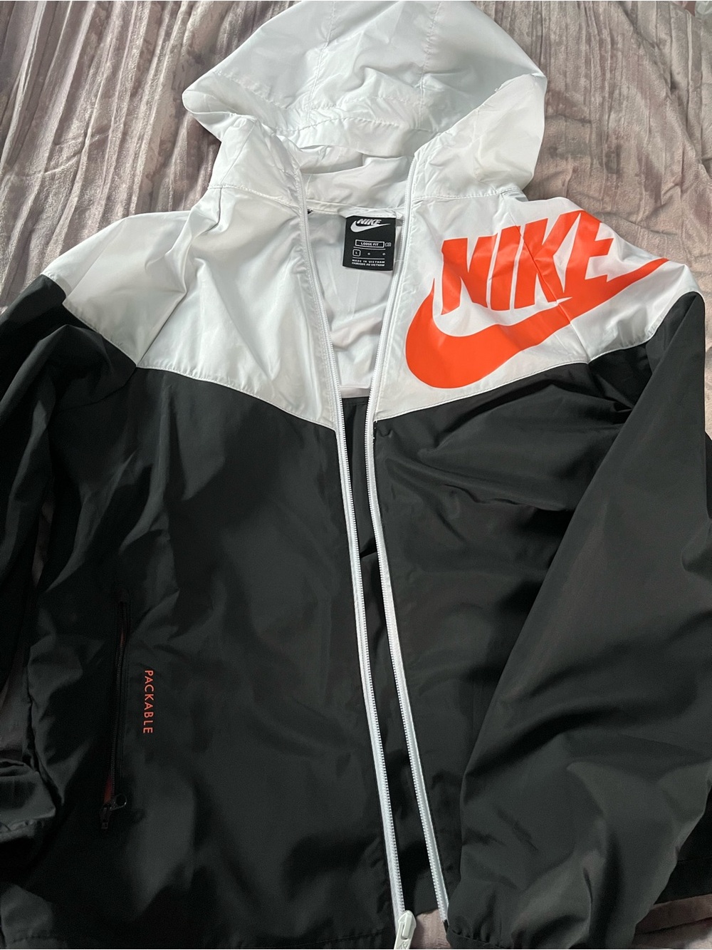 Nike White and Black Hooded Windbreaker with Orange Logo